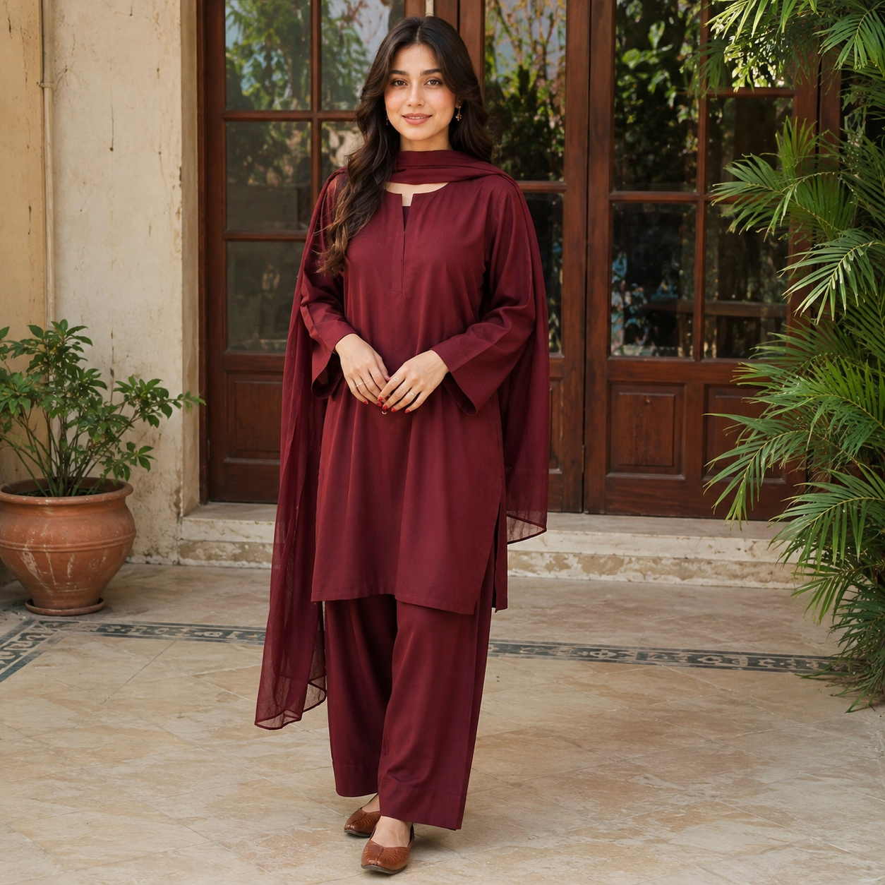Maroon Stitched 3 Piece