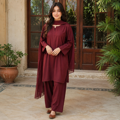 Maroon Stitched 3 Piece